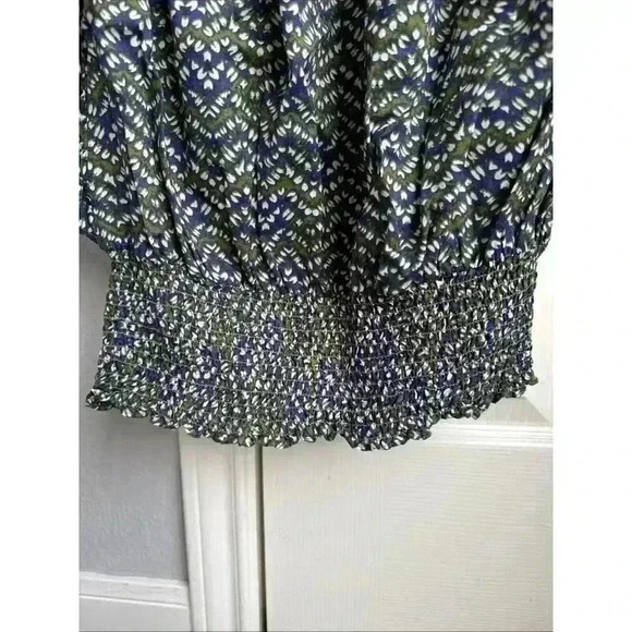 MICHAEL KORS Abstract Green Blue Print Ruffle Top Size S Elastic Waist - Picture 2 of 8